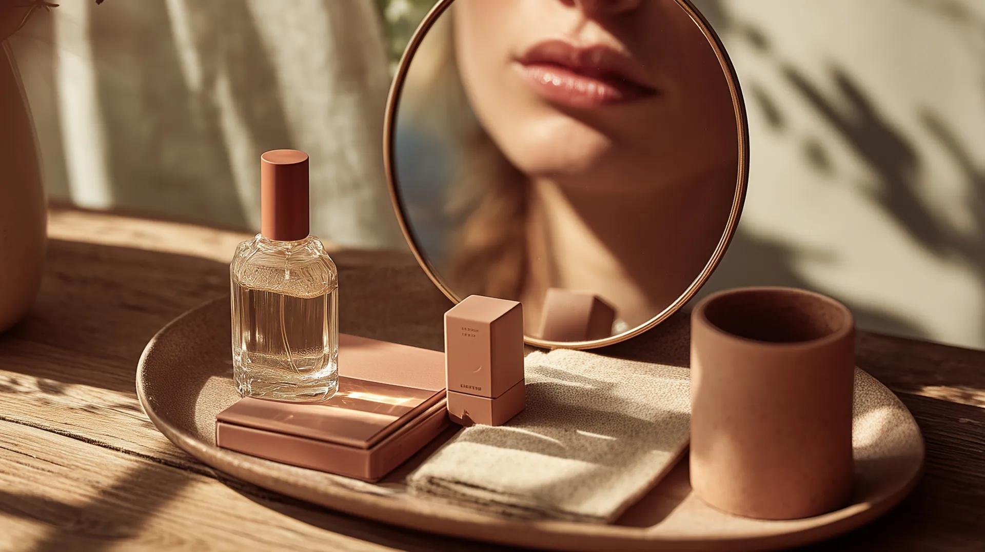Tray with perfume bottle, cosmetics, cloth, cup, and round mirror reflecting a woman's lips and chin.